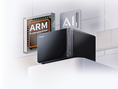 Qnap, TS-AI642-8G Дисков масив NAS, 8-core ARM Cortex 64-bit Processor ( 4-core Cortex-A76 2.2 GHz + 4-core Cortex-A55 1.8 GHz ) DIMM slots, Up to: 16GB SODIMM 1x2.5GbE RJ45,2x1GbE RJ45 120