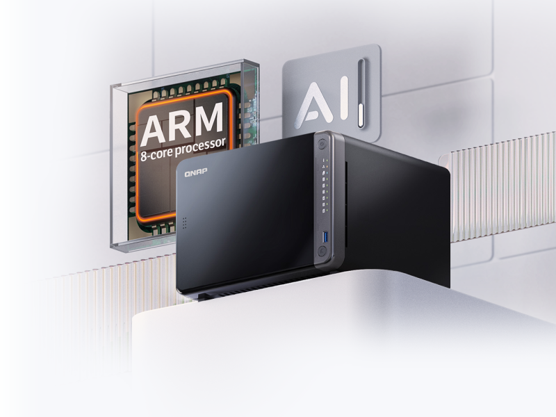 Qnap, TS-AI642-8G Дисков масив NAS, 8-core ARM Cortex 64-bit Processor ( 4-core Cortex-A76 2.2 GHz + 4-core Cortex-A55 1.8 GHz ) DIMM slots, Up to: 16GB SODIMM 1x2.5GbE RJ45,2x1GbE RJ45 120